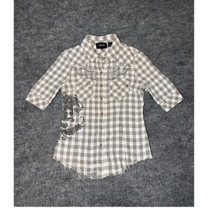Miss Me Womens Grey Grunge Y2K Rhinestone Wing Snap Button Shirt Raw Hem Medium